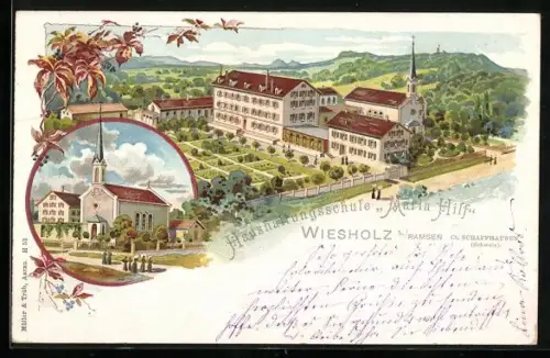 Lithographie Wiesholz, Haushaltungsschule Maria Hilf, Kirche