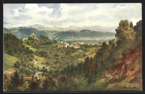 Künstler-AK Grein a. d. Donau, Ortsansicht aus der Ferne