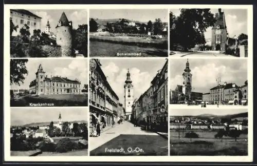 AK Freistadt, Marktplatz, Schwimmbad, Krankenhaus