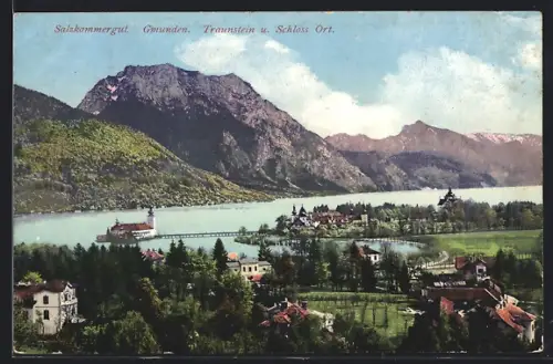 AK Gmunden, Ortsansicht mit Traunstein & Schloss Ort