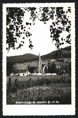 AK St. Oswald b. Freistadt, Ortspartie mit Kirche