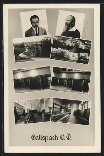 AK Gallspach, Männerportraits, das Schloss, das Institut Zeileis, Innenansicht, Partie im Park