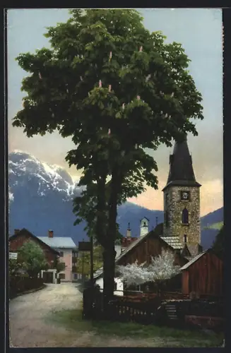 AK Alt-Aussee, Dorfstrasse mit Kirche und Kastanienbaum