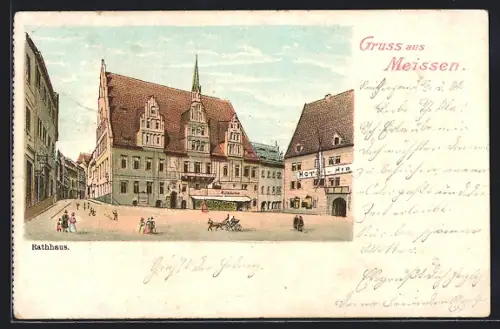 Lithographie Meissen / Elbe, Rathaus und Hotel, Ortspartie