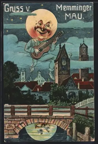 AK Memminger Mau, der Mond spielt Gitarre über der Stadt