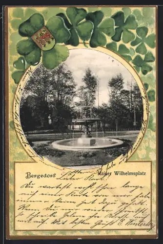AK Hamburg-Bergedorf, Kaiser Wilhelmplatz mit Sprinbrunnen, Kleeblätter-Passepartout