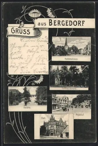 AK Hamburg-Bergedorf, Holstenstrasse, Die Bille, Mohnhof, Post, Schloss Westseite, Blumen-Passepartout