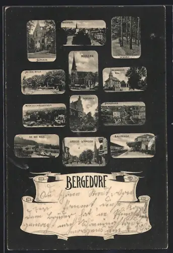AK Hamburg-Bergedorf, Panorama, Kirche, Schloss, Bahnhof, Holstenstrasse, Grosse Strasse, An der Bille