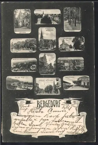 AK Hamburg-Bergedorf, Panorama, Kirche, Schloss, Bahnhof, Holstenstrasse, Grosse Strasse, An der Bille