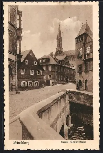 AK Münchberg, Innere Bahnhofstrasse mit Kirche