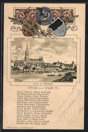 Passepartout-Lithographie Ulm / Donau, Stadtpanorama von Süden gesehen, Wappen