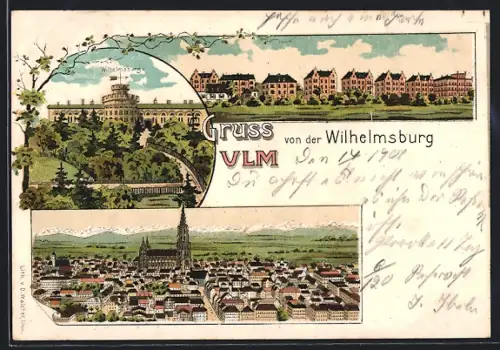 Lithographie Ulm / Donau, Blick auf die Wilhelmsburg, Panorama