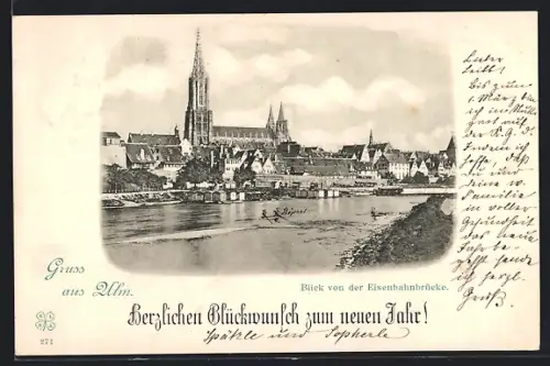 AK Ulm / Donau, Blick von der Eisenbahnbrücke auf das Münster