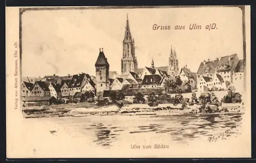 Künstler-AK Ulm a. D., Ulm von Süden, Münster