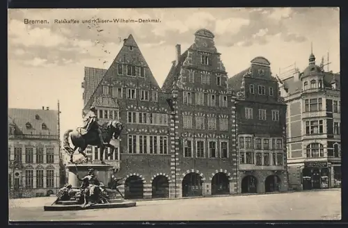 AK Bremen, Restaurant Ratskaffee, Kaiser-Wilhelm-Denkmal