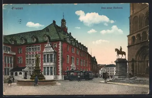 AK Bremen, Das neue Rathaus, Reiterstandbild, Brunnen