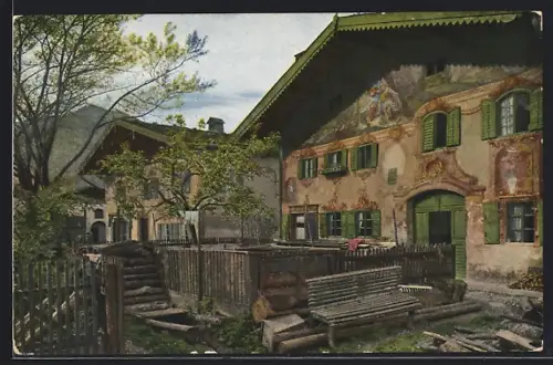 AK Mittenwald, Partie im Gries mit bemaltem Haus