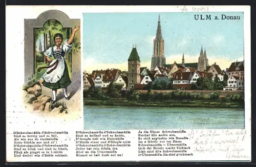 AK Ulm a. Donau, Stadtansicht mit Münster und Frau in Tracht