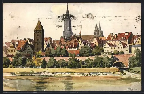 Künstler-AK Ulm a. D., Stadtansicht mit Münster und Stadtmauer