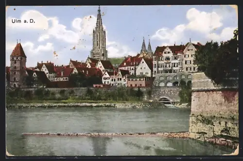 AK Ulm a. D., Stadtansicht mit Münster und Donauufer
