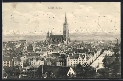 AK Ulm a. D., Stadtansicht mit Münster und Alpenpanorama