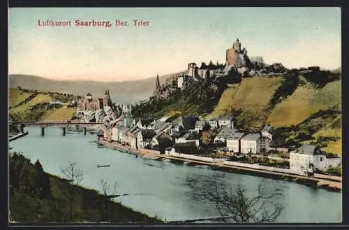 AK Saarburg /Trier, Stadtansicht mit Burg und Saarufer