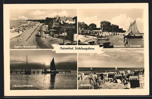 AK Kühlungsborn, Gesamt-Strandansicht, Badeleben am Weststrand, Sonnenuntergang