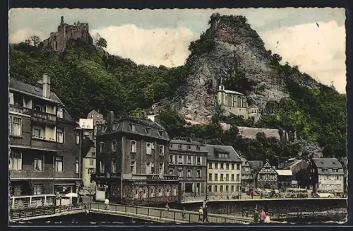 AK Idar-Oberstein, Marktplatzbrücke mit Schloss und Felsenkirche