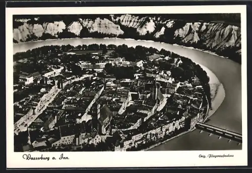 AK Wasserburg a. Inn, Altstadt, Inn-Schleife, Fliegeraufnahme