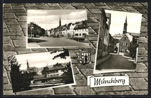 AK Münchberg i. Bayern, Stadtansichten mit Kirche und Strassenmotiven