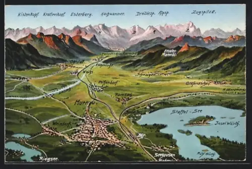 AK Murnau / Obb., Panorama mit Staffelsee, Riegsee und Alpen