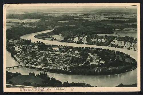 AK Wasserburg am Inn, Flugzeugaufnahme der Altstadt und Inn-Schleife