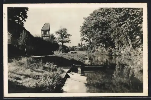 AK Mirow /Mecklbg., Flussufer mit Booten