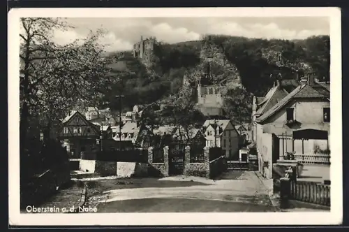 AK Oberstein a. d. Nahe, Stadtansicht mit Burg und Felsenkirche