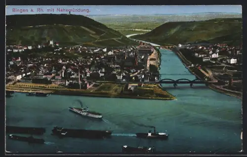 AK Bingen a. Rh., Nahemündung, Rheinbrücke, Schiffsverkehr