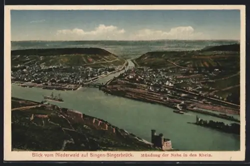 AK Bingen-Bingerbrück, Blick vom Niederwald, Mündung der Nahe in den Rhein