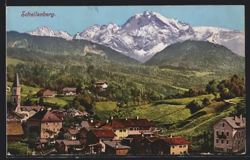 AK Schellenberg / Obb., Ortsansicht mit Kirche und Alpenpanorama