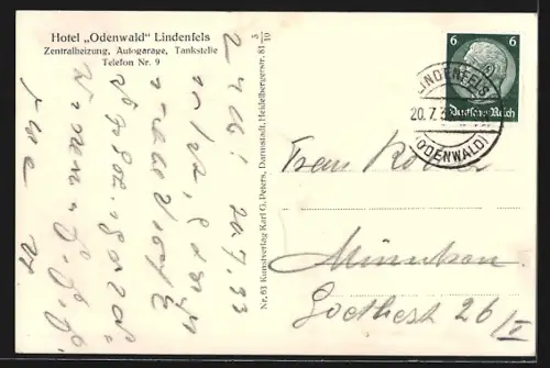 AK Lindenfels i. O., Stadtansicht mit Kirche, Burgruine und Hotel Odenwald