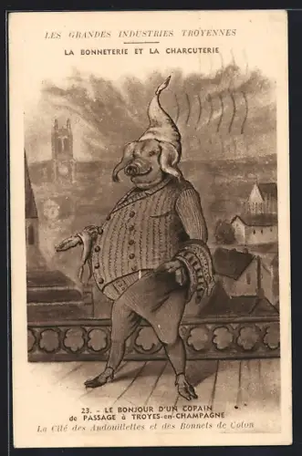 AK Troyes-en-Champagne Les grandes industries trôyennes, La bonneterie et la charcuterie, illustration humoristique