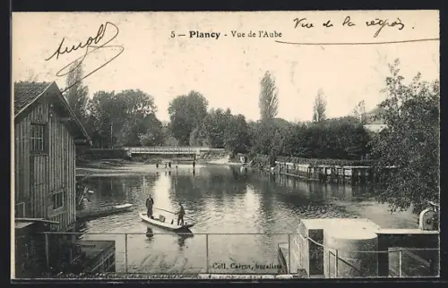 AK Plancy, Vue de l`Aube avec barque et pont en arrière-plan