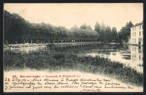 AK Bar-sur-Aube, Promenade de Mathaux avec vue sur la rivière et les arbres