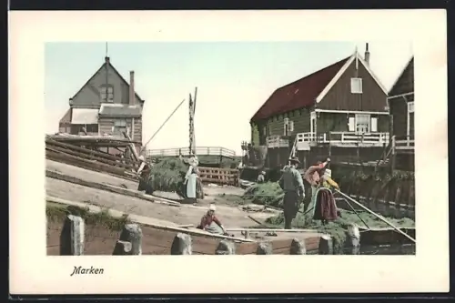 AK Marken, Ortspartie mit Einheimischen