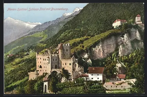 AK Meran, Blick auf Schloss Tirol mit Brunnenburg