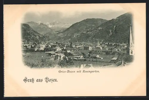 AK Gries-Bozen, Ortsansicht mit Rosengarten aus der Vogelschau