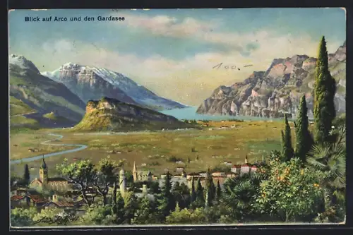 Künstler-AK Arco, Ortsansicht mit Gardasee u. Umgebung