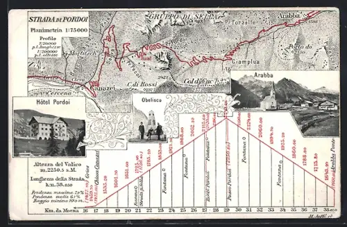AK Arabba, Panorama, Hotel Pordoi, Obelisco, Landkarte mit Pr. Forzelle, C. di Rossi und Canazei