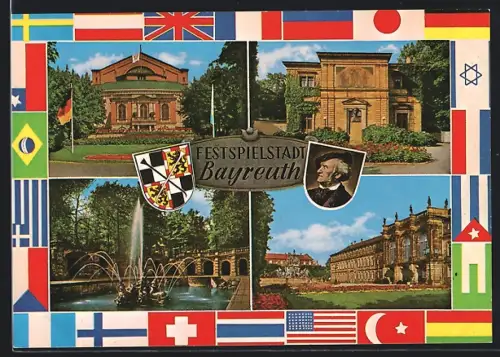 AK Bayreuth, Festspielhaus, Opernhaus, Schloss, Park mit Brunnen