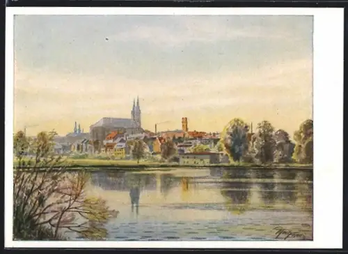 Künstler-AK Hof a. d. Saale, Stadtansicht mit Kirche und Fluss