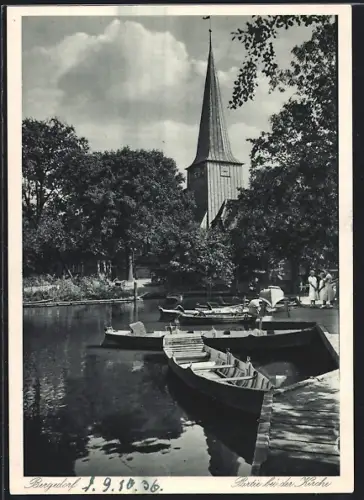 AK Hamburg-Bergedorf, Kirche, Boote auf dem Wasser
