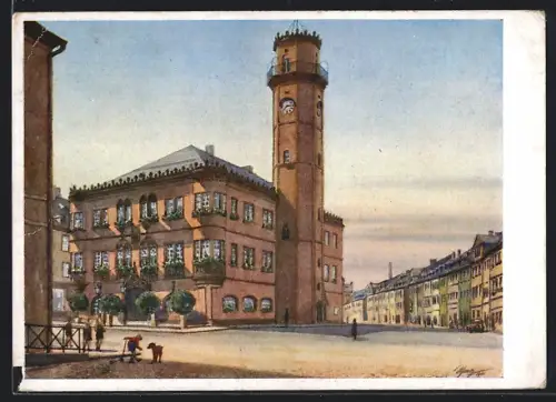 Künstler-AK Hof / Saale, Rathaus